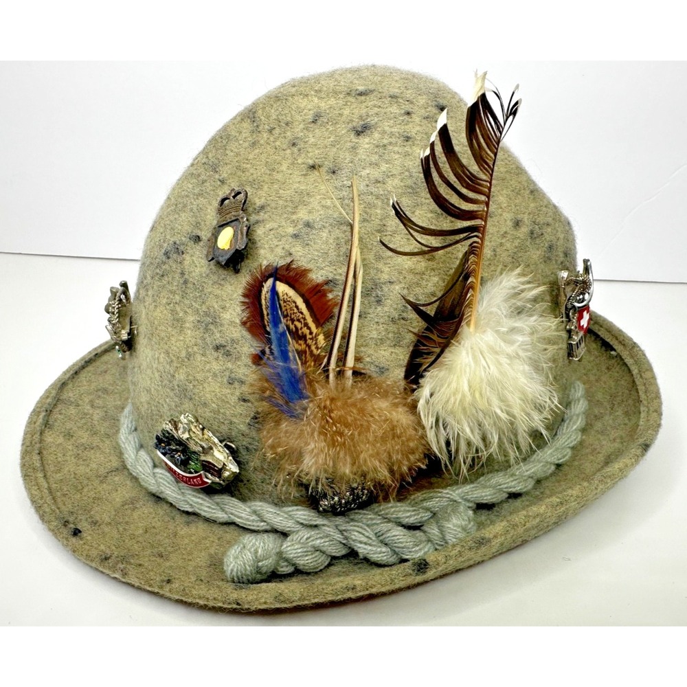 Vtg Alpine Hat Feather 12 Pins Souvenir Tyrolean Pilatus Switzerland Windsor